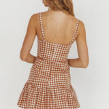 Rachelle Tied Bust Ruched Mini Dress Spotted Tan Check