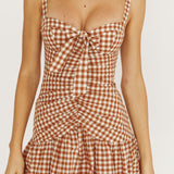 Rachelle Tied Bust Ruched Mini Dress Spotted Tan Check