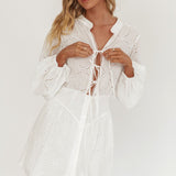 Flossy Eyelet Overlay Tie Mini Dress White
