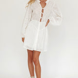 Flossy Eyelet Overlay Tie Mini Dress White