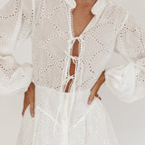 Flossy Eyelet Overlay Tie Mini Dress White