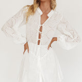Flossy Eyelet Overlay Tie Mini Dress White