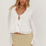 La Demure Tie Front Frill Blouse White