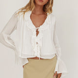 La Demure Tie Front Frill Blouse White