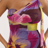 Tallis One-Shoulder Asymmetric Neckline Dress Brown