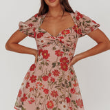 Dillon Twist Bust Mini Dress Floral Beige