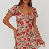 Dillon Twist Bust Mini Dress Floral Beige