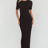 Faylen Waist Tie Ribbed Knit Maxi Dress Black