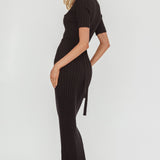 Faylen Waist Tie Ribbed Knit Maxi Dress Black