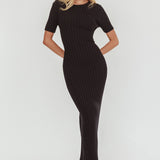 Faylen Waist Tie Ribbed Knit Maxi Dress Black