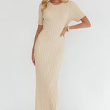 Faylen Waist Tie Ribbed Knit Maxi Dress Cream