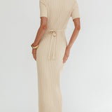 Faylen Waist Tie Ribbed Knit Maxi Dress Cream