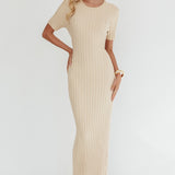 Faylen Waist Tie Ribbed Knit Maxi Dress Cream