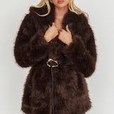Brisa Belted Lapel Coat Faux Fur Brown