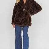 Brisa Belted Lapel Coat Faux Fur Brown
