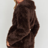 Brisa Belted Lapel Coat Faux Fur Brown