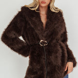 Brisa Belted Lapel Coat Faux Fur Brown