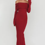 Aloura Off-Shoulder Ribbed Knit Maxi Dress Wine