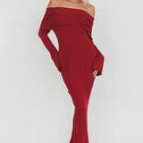 Aloura Off-Shoulder Ribbed Knit Maxi Dress Wine