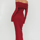 Aloura Off-Shoulder Ribbed Knit Maxi Dress Wine