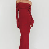 Aloura Off-Shoulder Ribbed Knit Maxi Dress Wine