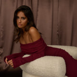 Aloura Off-Shoulder Ribbed Knit Maxi Dress Wine