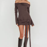 Sofina Off-Shoulder Hip Tie Mini Dress Grey