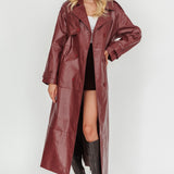 Lyora Longline Faux Leather Trench Coat Burgundy