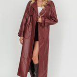 Lyora Longline Faux Leather Trench Coat Burgundy