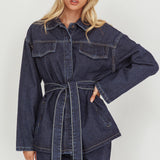 Belisse Waist Tie Button Jacket Denim Blue