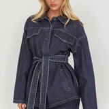 Belisse Waist Tie Button Jacket Denim Blue