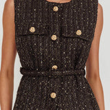 Zephyra Tweed Waist Belt Top Sequin Black